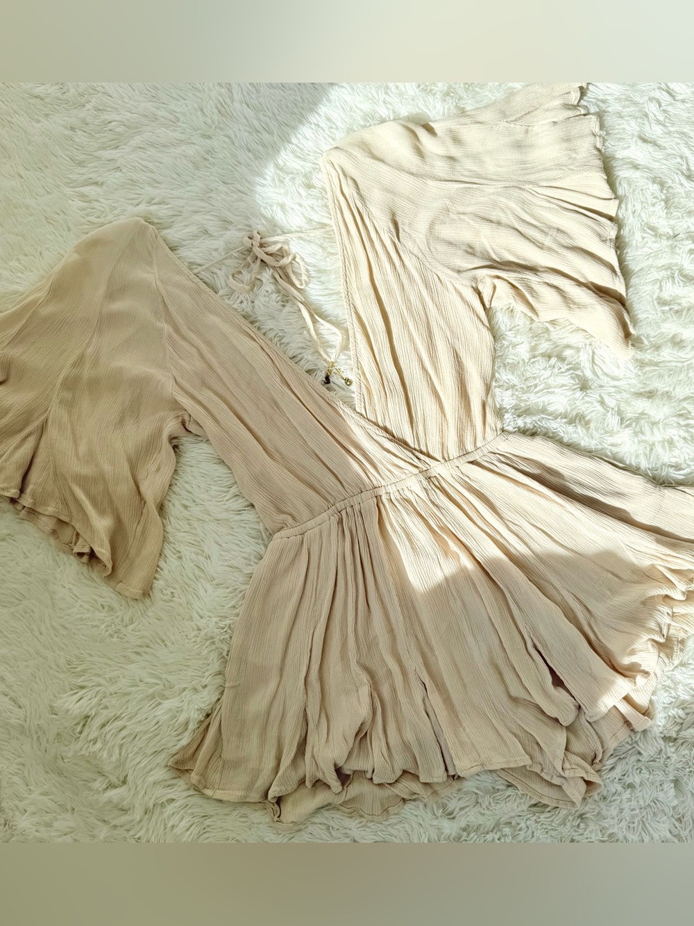 Free People Cream V-Neck Flutter Sleeve Flowy Romper